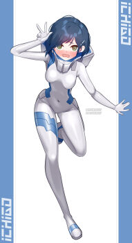 1girl @_@ absurdres blue_hair blush bodysuit breasts covered_navel darling_in_the_franxx full_body hair_ornament hairclip highres ichigo_(darling_in_the_franxx) impossible_bodysuit impossible_clothes latex latex_bodysuit maguro27 mecha_pilot_suit medium_breasts parasite_suit_(darling_in_the_franxx) shiny_clothes short_hair skin_tight solo v white_bodysuit yellow_eyes