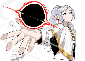 1boy 2girls :3 absurdres ai-generated_art_(topic) ash_baby_(meme) black_hole breasts capelet commentary earrings elf english_commentary fern fern_(sousou_no_frieren) frieren green_eyes highres jewelry long_hair mage_arena meme multiple_girls pointy_ears simple_background small_breasts smug soolee040995 sousou_no_frieren stark_(sousou_no_frieren) white_capelet white_hair