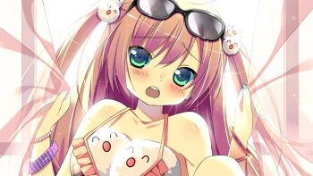 1girl :d :o bare_shoulders bed blue_eyes blush breast_padding breasts collarbone curtains dress eyewear_on_head flat_chest frills goggles goggles_on_head green_eyes hair_between_eyes hair_ornament holding hugging_object indoors jewelry long_hair looking_at_viewer nail_polish open_mouth original pink_hair sleeveless smile solo strap_slip stuffed_toy sunglasses sunlight swimsuit twintails very_long_hair window