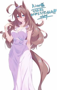 Rule 34 | 1girl, absurdres, ahoge, animal ears, arm behind back, blush, bracelet, breasts, brown hair, brown tail, cleavage, closed mouth, commentary, commission, dress, ear ornament, gold bracelet, gold necklace, hair between eyes, hand up, highres, horse ears, horse girl, horse tail, huge ahoge, jewelry, large breasts, long hair, looking at viewer, mihono bourbon (umamusume), necklace, simple background, skeb commission, smile, solo, tail, umamusume, white background, white dress, yuuri (sinjitu-no-yukue)