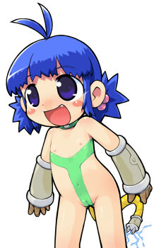 1girl :d ahoge arm_guards blue_hair blush blush_stickers bodypaint character_request cleft_of_venus collar copyright_request electricity fang female_focus flat_chest hair_bobbles hair_ornament happy loli navel nipples nude open_mouth plug purple_eyes pussy sakurabe_notos short_twintails simple_background smile solo spiked_hair tail twintails uncensored white_background