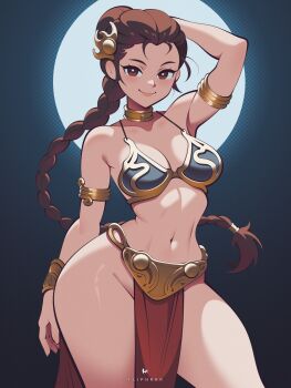 1girl arm_behind_head armlet bracelet braid breasts brown_eyes brown_hair closed_mouth commentary contrapposto cowboy_shot fliphrrr groin highres huttslayer_leia jewelry long_hair looking_at_viewer medium_breasts metal_bikini navel pelvic_curtain princess_leia smile solo star_wars stomach