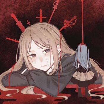 1xing_yue 2girls bang_dream! bang_dream!_it&#039;s_mygo!!!!! black_boots black_ribbon black_shirt black_skirt blood blue_hair blush boots brown_hair chinese_commentary closed_mouth commentary_request crossed_arms grey_eyes hair_ribbon high_heel_boots high_heels impaled multiple_girls nagasaki_soyo oblivionis_(bang_dream!) ribbon school_uniform shirt skirt sword tears togawa_sakiko tsukinomori_school_uniform two_side_up weapon