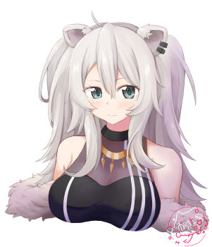 Rule 34 | 1girl, ahoge, animal ear piercing, animal ears, aqua eyes, breasts, commentary request, cropped torso, expressionless, grey hair, haihara yuuya, highres, hololive, large breasts, lion ears, lion girl, see-through cleavage, see-through clothes, shishiro botan, sleeveless, solo, virtual youtuber, watermark