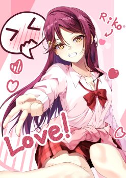 Rule 34 | > <, 1girl, arrow (symbol), bow, bowtie, breasts, cardigan, cardigan around waist, character name, cleavage, clothes around waist, collarbone, collared shirt, commentary, dress shirt, embarrassed, feet out of frame, grin, gyaru, gyaru v, gyarugasaki, half updo, heart, highres, hoijin, kogal, long hair, long sleeves, loose bowtie, love live!, love live! sunshine!!, medium breasts, miniskirt, pink background, pink cardigan, pink shirt, plaid clothes, plaid skirt, pleated skirt, red bow, red bowtie, red hair, red skirt, sakurauchi riko, school uniform, shirt, skirt, smile, solo, spoken expression, v, wavy mouth, yellow eyes