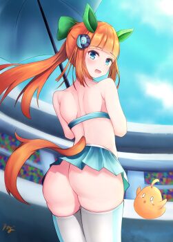 1girl akiyama_neo ass azur_lane blue_eyes blue_sky bow commentary_request ear_covers green_bow hair_bow highres holding holding_umbrella horse_girl horse_tail looking_at_viewer looking_back manjuu_(azur_lane) microskirt no_panties open_mouth orange_hair parasol race_queen signature silence_suzuka_(umamusume) skirt sky tail thighhighs umamusume umbrella white_thighhighs