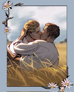 Rule 34 | 2boys, arm up, blonde hair, blue border, border, brown hair, brown pants, closed eyes, closed mouth, cloud, commentary, couple, english commentary, flower, hans capon, henry of skalitz, highres, hover hand, kingdom come: deliverance ii, kiss, long sleeves, male focus, multiple boys, outdoors, pants, shirt, short hair, short sideburns, sideburns, sky, sleeve cuffs, smile, sondu art, wheat, wheat field, white flower, white shirt, yaoi