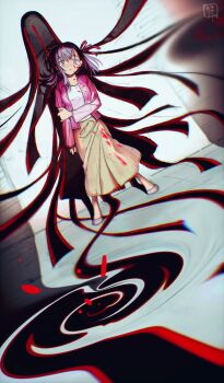 Rule 34 | 1girl, artist logo, blood, blood on clothes, blood on face, breasts, darkness, fate/stay night, fate (series), full body, hair between eyes, hair ribbon, hand on own arm, heaven's feel, highres, jacket, logo, long hair, long skirt, long sleeves, looking at viewer, matou sakura, medium breasts, open clothes, open jacket, pink jacket, pink shoes, purple eyes, purple hair, red ribbon, ribbon, shadow, shirt, shoes, single sidelock, skirt, sksk sn09, solo, standing, t-shirt, teeth, white shirt, wide sleeves, yellow skirt