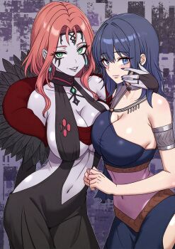 2girls absurdres arm_around_neck bare_shoulders black_dress breasts cleavage cleobulus_(fire_emblem) colored_skin commission dancer_(fire_emblem:_three_houses) design_speculation dress earrings female_byleth_(fire_emblem) fire_emblem fire_emblem:_three_houses green_eyes grey_skin grin highres jewelry large_breasts looking_at_viewer multiple_girls navel nintendo non-web_source ootuk red_hair second-party_source smile