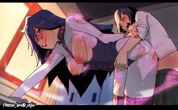 Rule 34 | 1futa, 1girl, ass, blue hair, blush, boku no hero academia, breasts, closed eyes, commentary, english commentary, eye mask, fingernails, from behind, futanari, highres, jiro kyoka, large breasts, long fingernails, long hair, mask, midnight (boku no hero academia), pleated skirt, purple eyes, red nails, sex, short hair, skin tight, skirt, smollb nsfw, torn clothes