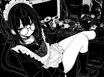 1girl can choker closed_mouth clothes_writing crocs cross cross_necklace ear_piercing glasses greyscale highres holding holding_can jewelry long_hair looking_at_viewer maid maid_headdress monochrome monster_energy necklace original piercing puriririririri sitting socks solo spiked_choker spikes