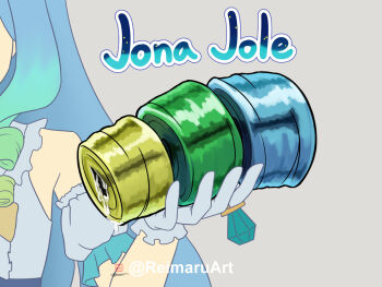 1girl artificial_vagina artist_name blue_hair bow character-themed_artificial_vagina commentary drill_hair english_commentary english_text gloves gradient_hair green_hair grey_background hand_up head_out_of_frame jelly_hoshiumi jelly_hoshiumi_(1st_costume) long_hair lube multicolored_hair phase_connect reikamaru ring_pop sex_toy simple_background twitter_username virtual_youtuber white_gloves yellow_bow