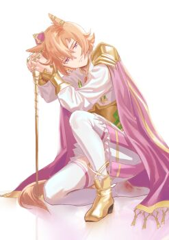 1girl absurdres ahoge animal_ears armor blood boots breasts cane cape closed_mouth commentary_request crown ear_ornament gold gold_boots hair_between_eyes highres holding holding_cane horse_ears horse_girl horse_tail injury jewelry kaulen.f long_sleeves looking_at_viewer mini_crown multiple_rings orange_hair orange_tail pink_cape pink_crown purple_eyes ring shirt short_hair shoulder_armor simple_background single_boot skirt solo t.m._opera_o_(o_sole_suo!)_(umamusume) t.m._opera_o_(umamusume) tail thighhighs two-tone_skirt umamusume white_background white_shirt white_thighhighs
