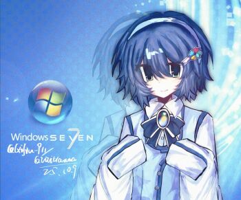 Rule 34 | 1girl, 2000s (style), blue eyes, blue gem, blue hair, blue hairband, blue theme, blue vest, breasts, buttons, chinese commentary, closed mouth, clover, clover hair ornament, collared shirt, commentary request, dot nose, four-leaf clover, frutiger aero, gem, green eyes, green gem, hair ornament, hairband, long sleeves, madobe nanami, microsoft windows, multicolored gem, os-tan, partial commentary, qijiu 911, red gem, shirt, short hair, sleeves past fingers, sleeves past wrists, small breasts, smile, solo, vest, white shirt, windows 7, yellow gem