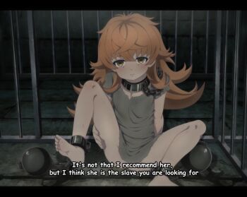 1girl ball_and_chain_restraint barefoot bdsm bondage bound chain closed_mouth collar crossed_bangs dwarf english_text eroartdraw feet female_focus frown indoors juliette_(mushoku_tensei) loli long_hair looking_at_viewer mushoku_tensei orange_eyes orange_hair sitting slave soles solo spread_legs subtitled toes