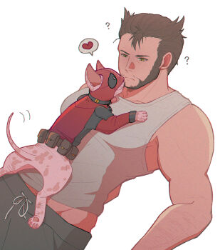 1boy ? animalization animification arm_hair beard brown_hair cat closed_mouth commentary_request deadpool deadpool_&amp;_wolverine deadpool_(series) doghooouse facial_hair green_eyes heart highres large_pectorals looking_at_animal male_focus marvel marvel multiple_boys muscular muscular_male pants pectorals red_mask short_hair spoken_heart tank_top track_pants white_tank_top wolverine_(x-men) x-men