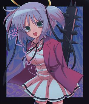 1girl :d angel arms_behind_back bad_id bad_twitter_id black_border bokusatsu_tenshi_dokuro-chan border breasts club club_(weapon) cowboy_shot excalibolg green_eyes hair_ribbon halo highres holding holding_club holding_weapon image_sample jacket kanabou large_breasts long_sleeves looking_at_viewer mitsukai_dokuro neck_ribbon open_mouth outside_border pleated_skirt popun_(popun_xxx) purple_hair red_jacket ribbon school_uniform shirt skirt smile solo spiked_club standing thighhighs traditional_halo twitter_sample two_side_up weapon white_shirt white_skirt