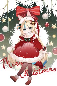 Rule 34 | 1girl, absurdres, alternate costume, animal ears, black pantyhose, blonde hair, blue eyes, blue streaks, cat ears, commentary, dress, fins, fish girl, fish tail, fur-trimmed dress, fur-trimmed headwear, fur trim, gwi dong nyang, hat, highres, indie virtual youtuber, long hair, looking at viewer, multicolored hair, one side up, pantyhose, red dress, red hat, sameko saba, santa costume, santa dress, solo, streaked hair, tail, very long hair, virtual youtuber