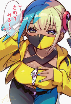 1girl bandeau belt black_belt breasts canari_(pokemon) cleavage commentary_request hands_up highres hood hood_down hooded_jacket ice_cream_(aisu_aisu_9898) jacket long_sleeves mask mouth_mask multicolored_hair multicolored_nails nail_polish nintendo open_clothes open_jacket pants pokemon pokemon_legends:_z-a sleeves_past_wrists solo speech_bubble translation_request twintails white_background yellow_bandeau yellow_jacket zipper zipper_pull_tab