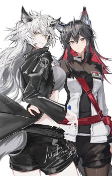 2girls absurdres animal_ear_fluff animal_ear_piercing animal_ears arknights artist_name black_coat black_hair black_shorts brown_pantyhose chinese_commentary closed_mouth coat colored_inner_hair commentary commentary_request cowboy_shot crossed_bangs english_commentary grey_eyes grey_hair grey_tail hair_between_eyes hair_ornament hairclip hand_on_another's_back highres lappland_(arknights) long_hair long_sleeves looking_at_viewer madana_gege mixed-language_commentary multicolored_hair multiple_girls pantyhose parted_lips red_hair shorts signature simple_background standing tail texas_(arknights) white_background wolf_ears wolf_girl yellow_eyes