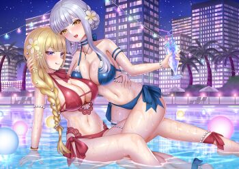 2girls :q ankle_bow ankle_ribbon anklet arm_around_waist armlet assault_lily bare_arms bare_legs bare_shoulders beach_umbrella bikini blonde_hair blue_bikini blue_bow blue_choker blunt_bangs blush bow bow_bikini bracelet braid braided_bun braided_ponytail breasts building chair choker cleavage cocktail collarbone commentary_request crazy_straw cup drinking_glass drinking_straw feet_out_of_frame fingernails flower grey_hair groin hair_bun hair_flower hair_ornament halterneck hand_on_another&#039;s_head hand_on_another&#039;s_waist hand_up heads_together heart_straw highres holding holding_cup imai_tomohiro jewelry kneeling kon_kanaho large_breasts long_hair looking_at_viewer lounge_chair miyagawa_takane multi-strapped_bikini_bottom multiple_girls navel necklace night official_alternate_costume official_alternate_hairstyle outdoors palm_tree parted_lips partially_submerged pearl_bracelet pearl_hair_ornament pendant pool purple_eyes red_bikini red_bow reflection reflective_water ribbon shallow_water short_hair_with_long_locks side-tie_bikini_bottom single_braid single_hair_bun sitting stomach string_of_light_bulbs swimsuit teeth tongue tongue_out tree umbrella upper_teeth_only very_long_hair water wet white_flower yellow_eyes yuri