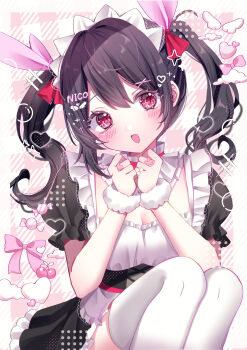 Rule 34 | 1girl, :d, absurdres, black dress, black hair, blush, bow, breasts, candy, checkered background, chibana sora, cleavage, cleavage cutout, clothing cutout, cloud hair ornament, collar, commentary, diagonal-striped background, dot nose, dress, english commentary, english text, facing viewer, finger bow, food, frilled collar, frills, fur armlet, hair between eyes, hair ornament, hair ribbon, head tilt, heart, heart in eye, highres, jewelry, knees up, long hair, looking at viewer, love live!, love live! school idol project, maid headdress, medium breasts, neck ribbon, open mouth, puffy short sleeves, puffy sleeves, red eyes, red ribbon, ribbon, ring, short sleeves, sidelocks, sitting, smile, solo, striped background, symbol in eye, thighhighs, twintails, white bow, white thighhighs, wing ornament, x hair ornament, yazawa nico, zettai ryouiki