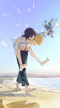 1boy 1girl absurdres bandaid bandaid_on_leg barefoot beach bird black_pants blonde_hair bouquet carrying chainsaw_man cheek_poking denji_(chainsaw_man) flower full_body hetero highres holding holding_bouquet horizon leaning_forward merah_drow no_pants open_mouth orange_eyes outdoors pants piggyback poking purple_hair reze_(chainsaw_man) sanpaku seagull sharp_teeth shirt shore short_hair sky soles teeth toes tongue tongue_out topless_male white_shirt