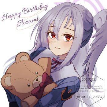 1girl blue_archive from_above furrowed_brow hair_between_eyes halo happy_birthday head_wings holding holding_stuffed_toy hugging_doll hugging_object long_hair long_sleeves looking_at_viewer martini_29384 neck_ribbon purple_halo red_eyes red_ribbon ribbon school_uniform single_hair_intake single_head_wing smile solo stuffed_animal stuffed_toy suzumi_(blue_archive) teddy_bear twitter_username upper_body white_background white_hair wings