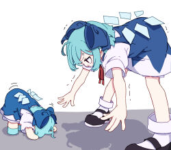 Rule 34 | 2girls, absurdres, anger vein, black footwear, bloomers, blue bow, blue dress, blue hair, blush stickers, bow, cirno, dress, fairy, fumo (doll), hair bow, highres, ice, ice wings, kame (kamepan44231), multiple girls, shirt, shoes, short hair, short sleeves, simple background, socks, stretching, touhou, underwear, white background, white bloomers, white shirt, white socks, wings
