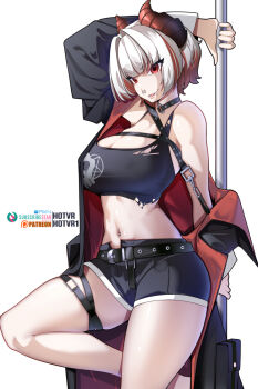 1girl black_shorts breasts cheek_tattoo choker face_piercing highres holding holding_pole hot_vr indie_virtual_youtuber large_breasts lip_piercing looking_at_viewer multicolored_hair navel_piercing nose_piercing o-ring o-ring_choker open_mouth patreon_logo patreon_username piercing pixiv_logo pixiv_username pole red_eyes short_hair shorts solo streaked_hair subscribestar_logo subscribestar_username tank_top tattoo torn_clothes torn_tank_top vexmlk virtual_youtuber white_background white_hair