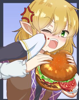2girls anger_vein annoyed arm_warmers blonde_hair blue_background brown_shirt burger commentary_request food green_eyes handkerchief holding holding_burger holding_food holding_handkerchief kurodani_yamame kyacchi0229 mizuhashi_parsee multiple_girls one_eye_closed open_mouth pointy_ears shirt short_hair solo_focus tomato tomato_slice touhou wiping_face