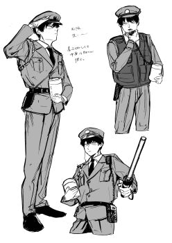 1boy absurdres akagi_kazuaki artist_request closed_mouth formal_clothes full_body gloves greyscale hat highres kemono_jihen male_focus monochrome multiple_views necktie police police_hat police_uniform salute solo suit upper_body vest white_background