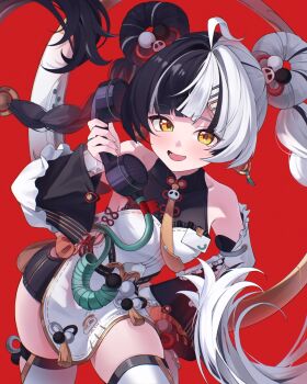 1girl animal_print aqua_nails bare_shoulders bear_print black_hair braid braided_twintails chakram china_dress chinese_clothes corded_phone detached_sleeves dialyn_(zenless_zone_zero) dress earrings green_nails hair_extensions hair_ornament hairclip hand_on_own_hip highres holding holding_behind_back holding_phone holding_weapon_behind_back id_card jewelry long_hair looking_at_viewer multicolored_hair multicolored_nails necktie open_mouth panda_hair_ornament panda_print phone ppot red_background ring_hair_extensions solo split-color_hair twin_braids twintails weapon white_hair wire yellow_eyes yellow_necktie zenless_zone_zero