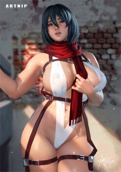 1girl alternate_breast_size_(larger) artnip between_breasts black_eyes black_hair blurry blurry_background breasts brick_wall cleavage commentary curvy english_commentary hair_between_eyes indoors large_breasts legs_together lips looking_at_viewer mikasa_ackerman navel nipples one-piece_swimsuit parted_lips realistic red_scarf scarf see-through_clothes shingeki_no_kyojin shiny_skin skindentation slingshot_swimsuit solo standing swimsuit teeth thick_thighs thighs three-dimensional_maneuver_gear upper_teeth_only white_one-piece_swimsuit white_slingshot_swimsuit