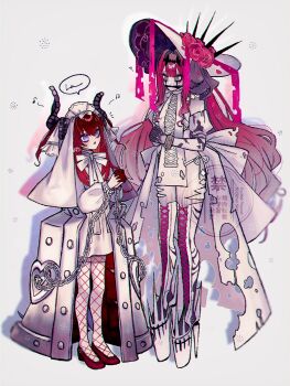 2girls absurdres baobhan_sith_(fate) baobhan_sith_(third_ascension)_(fate) bare_shoulders blue_eyes boots bracelet breasts chain cross-laced_clothes cuffs curled_horns detached_sleeves dragon_horns dragon_tail dress elizabeth_bathory_(avenger)_(fate) elizabeth_bathory_(fate) facial_mark fangs fate/grand_order fate_(series) fishnet_pantyhose fishnets flower full_body gag grey_eyes hair_ribbon hairband hat highres horns iron_maiden jewelry large_breasts large_hat long_hair long_sleeves multiple_girls noa_pisces panties pantyhose pink_hair platform_heels pointy_ears red_hair revealing_clothes ribbon rose shackles short_dress sidelocks small_breasts tail thigh_boots thighhighs two_side_up underwear veil white_dress white_hat white_panties white_thighhighs
