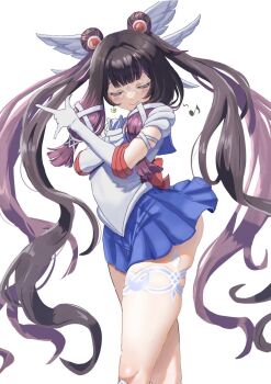 1girl \m/ back_bow bishoujo_senshi_sailor_moon black_hair blue_sailor_collar blue_skirt bow closed_eyes columbina_(genshin_impact) commentary_request cosplay crossover double_bun double_m/ elbow_gloves genshin_impact gloves hair_bun hair_ornament head_wings highres leotard long_hair magical_girl mask multicolored_hair musical_note pleated_skirt poillustration purple_hair sailor_collar sailor_moon sailor_moon_(cosplay) sailor_senshi_uniform simple_background skindentation skirt smile solo thigh_strap thighs tsuki_ni_kawatte_oshioki_yo twintails two-tone_hair very_long_hair white_background white_gloves white_leotard white_mask wings