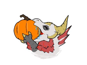 1other an_angry_monk black_eyes claws commentary deformed dragon dragon_horns eating english_commentary food food_in_mouth holding holding_food horns malzeno_(monster_hunter) monster_hunter_(series) monster_hunter_rise oversized_food oversized_object pumpkin red_eyes rolling_eyes saliva white_background