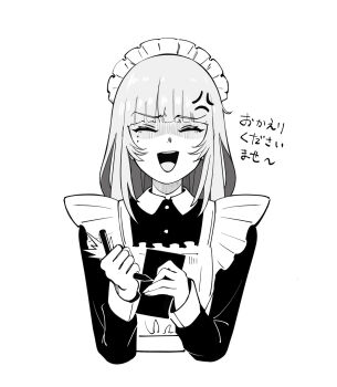 1girl :d alternate_costume anger_vein angry apron blunt_bangs breaking clenched_hand collared_shirt commentary_request cropped_torso enmaided facing_viewer greyscale highres holding holding_pencil itsumeee3 long_hair long_sleeves maid maid_apron maid_headdress mole mole_under_eye monochrome multiple_moles open_mouth pencil rk_music shaded_face shirt simple_background sketch smile solo straight-on virtual_youtuber white_background xiden