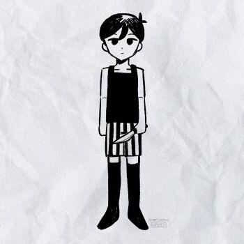 Rule 34 | 1boy, animated, animated gif, antenna hair, artist name, character doll, closed mouth, commentary, doll, double-parted bangs, english commentary, expressionless, full body, greyscale, hair between eyes, holding, holding knife, kiisaes, knife, looking at viewer, male focus, monochrome, omori, omori (omori), short hair, shorts, solo, striped clothes, striped shorts, stuffed toy, tank top, thighhighs, two-tone shorts, vertical-striped clothes, vertical-striped shorts, white background