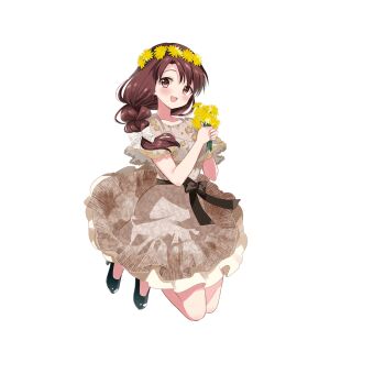 Rule 34 | 1girl, :d, blush, braid, braided ponytail, brown dress, brown eyes, brown hair, collarbone, dress, flower, full body, green shoes, hara yui, head wreath, high heels, highres, holding, holding flower, kin-iro mosaic, legs folded, long hair, looking at viewer, low ponytail, matsubara honoka, official alternate costume, official alternate hairstyle, official art, open mouth, pinafore dress, ponytail, shoes, short sleeves, simple background, sleeveless, sleeveless dress, smile, solo, transparent background, yellow flower