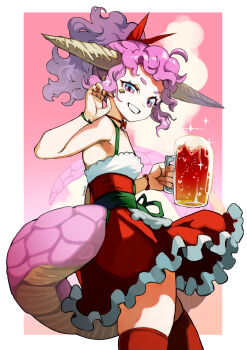 1girl absurdres alcohol armpit_peek beer beer_mug border clip_studio_paint_(medium) commentary cowboy_shot cup curly_hair dress eudetenis from_side grin hand_up highres holding holding_cup horns looking_at_viewer looking_to_the_side mug multicolored_eyes original outside_border pink_background pink_hair red_dress red_thighhighs short_dress sleeveless sleeveless_dress smile solo sparkle tail thighhighs two-tone_eyes white_border zettai_ryouiki