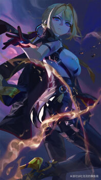 1girl absurdres arm_strap ass black_pants blonde_hair breasts chest_harness closed_mouth coat coat_on_shoulders earrings embers evelyn_chevalier fire from_side gloves half_gloves harness high-waist_pants highres jewelry large_breasts latex_pants long_ribbon looking_down mole mole_under_eye necktie pants ring_hair_ornament shirt shirt_tucked_in single_half_glove solo standing standing_on_one_leg tight_clothes tight_pants tu_pao_diao_yu_shao v-shaped_eyebrows white_shirt yellow_necktie zenless_zone_zero