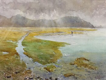 commentary_request day hill landscape okinawa original outdoors overcast painting_(medium) people real_world_location scenery shore sky tj_(tenjiku200) traditional_media water watercolor_(medium) wetland