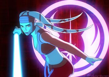 1girl aayla_secura alien artist_name blue_lightsaber blue_skin breasts brown_eyes brown_pants colored_skin energy_sword highres holding holding_sword holding_weapon lekku_(anatomy) lightsaber looking_at_viewer medium_breasts navel pants star_wars sword twi&#039;lek vectorthemerc weapon