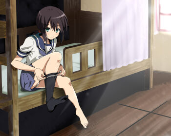 10s 1girl barefoot bed bedroom black_hair black_socks blue_skirt bunk_bed dressing feet female_focus fubuki_(kancolle) green_eyes highres indoors kantai_collection kneehighs looking_at_viewer neckerchief okuba panties pantyshot pleated_skirt ponytail sailor_collar school_uniform serafuku short_hair short_ponytail single_sock sitting skirt smile sock_pull socks solo sunlight underwear white_panties