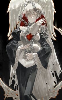 Rule 34 | 1girl, absurdres, animal skeleton, breasts, clothing request, commentary, feathered wings, feet out of frame, gost 56, head tilt, highres, holding, holding skull, hole in chest, hole on body, original, short hair, skull, snake, snake wrapped around body, solo, torn clothes, torn veil, veil, white hair, white wings, wings