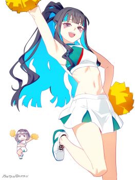 1girl alternate_costume bare_shoulders black_hair blue_hair breasts cheering cheerleader colored_inner_hair crop_top dantonphanton eyeliner fate/grand_order fate_(series) grey_eyes high_ponytail highres holding holding_pom_poms long_hair looking_at_viewer makeup midriff miniskirt multicolored_hair pom_pom_(cheerleading) pom_poms ponytail sidelocks skirt small_breasts smile solo solo_focus tenochtitlan_(fate) white_skirt