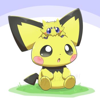 Rule 34 | :o, black eyes, blue eyes, blush stickers, commentary request, gen 2 pokemon, gen 5 pokemon, grass, highres, joltik, nintendo, no humans, on head, open mouth, pichu, pokemon, pokemon (creature), pokemon focus, sitting, yoshio (yoshi00000091)
