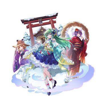 3girls alternate_costume animal_print black_shoes blonde_hair blue_skirt brown_hat closed_mouth detached_sleeves frilled_sleeves frills frog_hair_ornament frog_print full_body game_cg green_eyes green_hair green_snake hair_ornament hair_ribbon hair_tubes hat highres japanese_clothes kimono kochiya_sanae long_hair long_sleeves looking_at_viewer moriya_suwako multiple_girls non-web_source obi obiage obijime official_art print_kimono purple_hair purple_kimono red_eyes red_kimono red_ribbon ribbon rope sandals sash second-party_source shide shimenawa shirt shoes single_hair_tube skirt smile snake snow socks tabi thighhighs torii touhou touhou_gensou_eclipse transparent_background tress_ribbon u_u_zan very_long_hair white_shirt white_socks white_thighhighs wide_sleeves yasaka_kanako yellow_eyes
