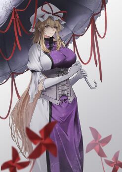 1girl absurdres blonde_hair breasts commentary_request corset dress earrings floral_print frilled_umbrella frills gloves hat hat_ribbon highres holding holding_umbrella jewelry mob_cap parasol pinwheel purple_eyes purple_tabard red_ribbon ribbon tabard touhou umbrella white_background white_dress white_gloves white_ribbon white_umbrella yagoro_kusuriya yakumo_yukari
